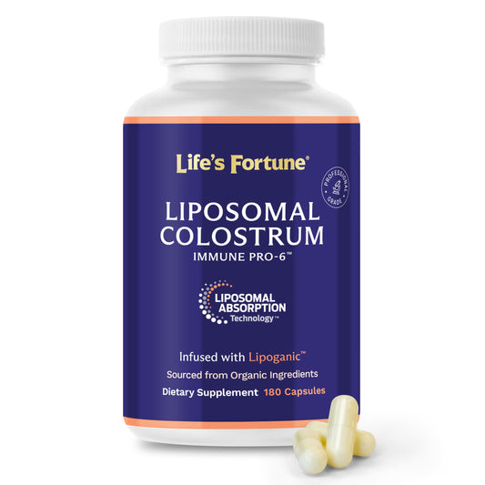 Life's Fortune liposomal bovine colostrum capsules bottle front for daily immune support.