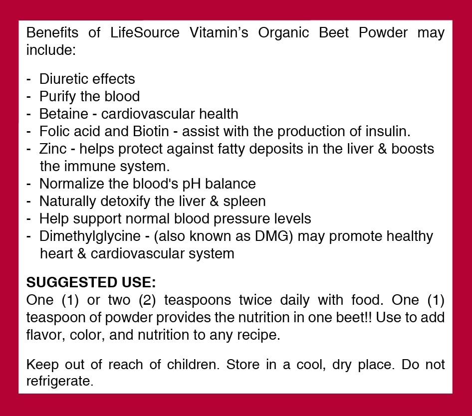 LifeSource Vitamins Beet Root Powder measuring cups illustrating easy dosing