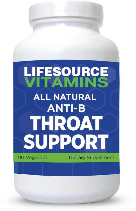 LifeSource Vitamins Throat Support bottle on display, supports natural throat comfort.