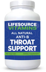 LifeSource Vitamins Throat Support bottle on display, supports natural throat comfort.