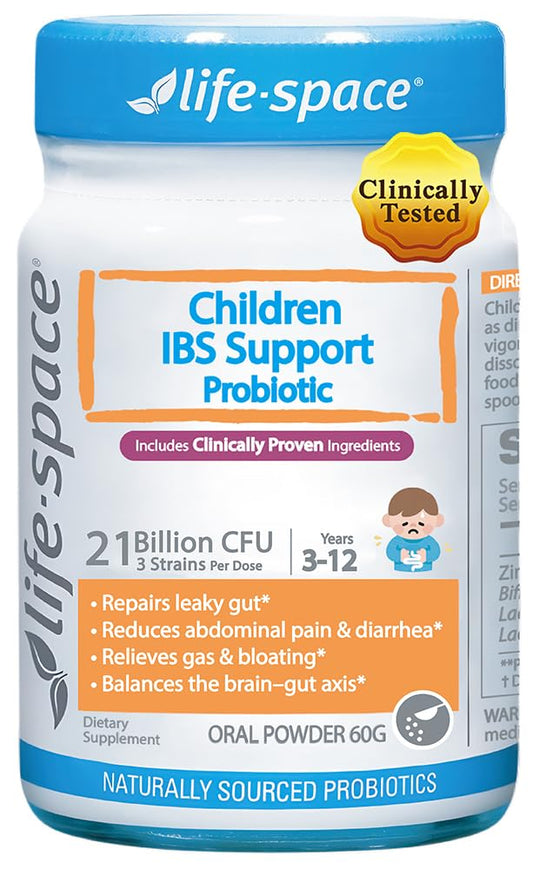 Life-Space Children IBS Support packaging highlights kid-safe probiotic blend.