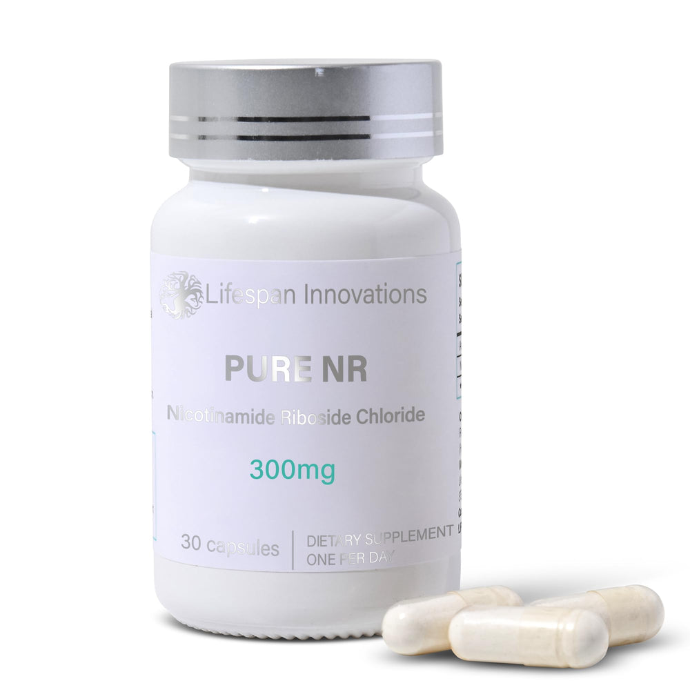 Lifespan Innovations Pure NR 300mg bottle in glass preserves purity.