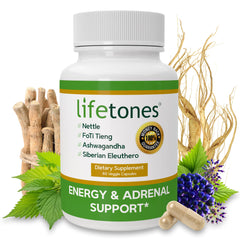Life Tones ashwagandha and stinging nettle capsules close-up for energy