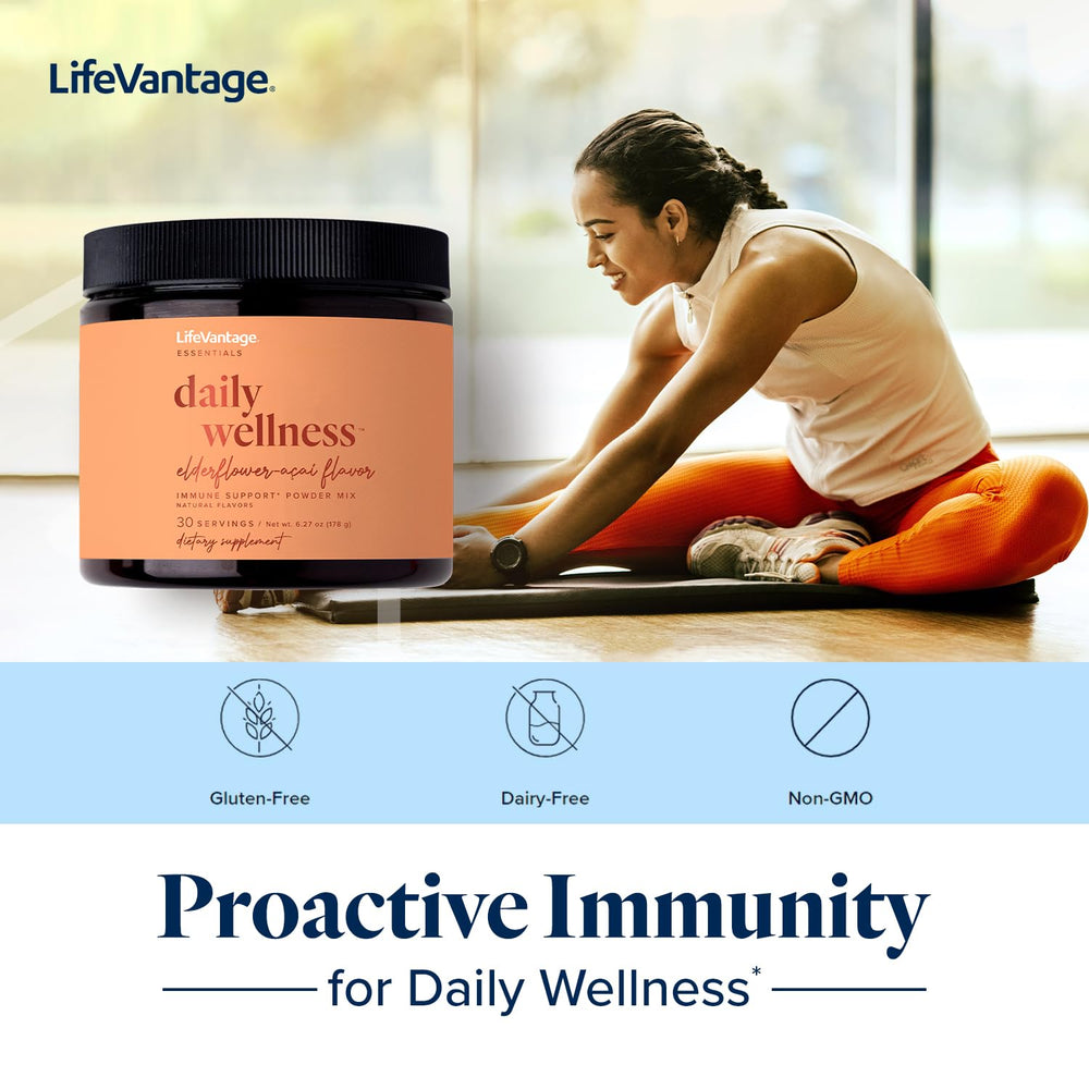 LifeVantage Daily Wellness elderflower-acai ingredients panel emphasizing Thrive blend
