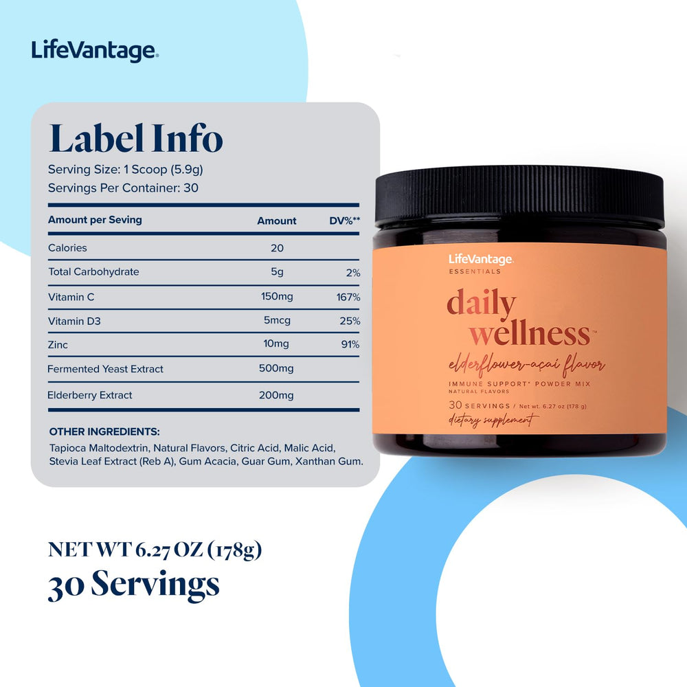 Prepared LifeVantage Daily Wellness elderflower-acai drink served in a glass for daily use