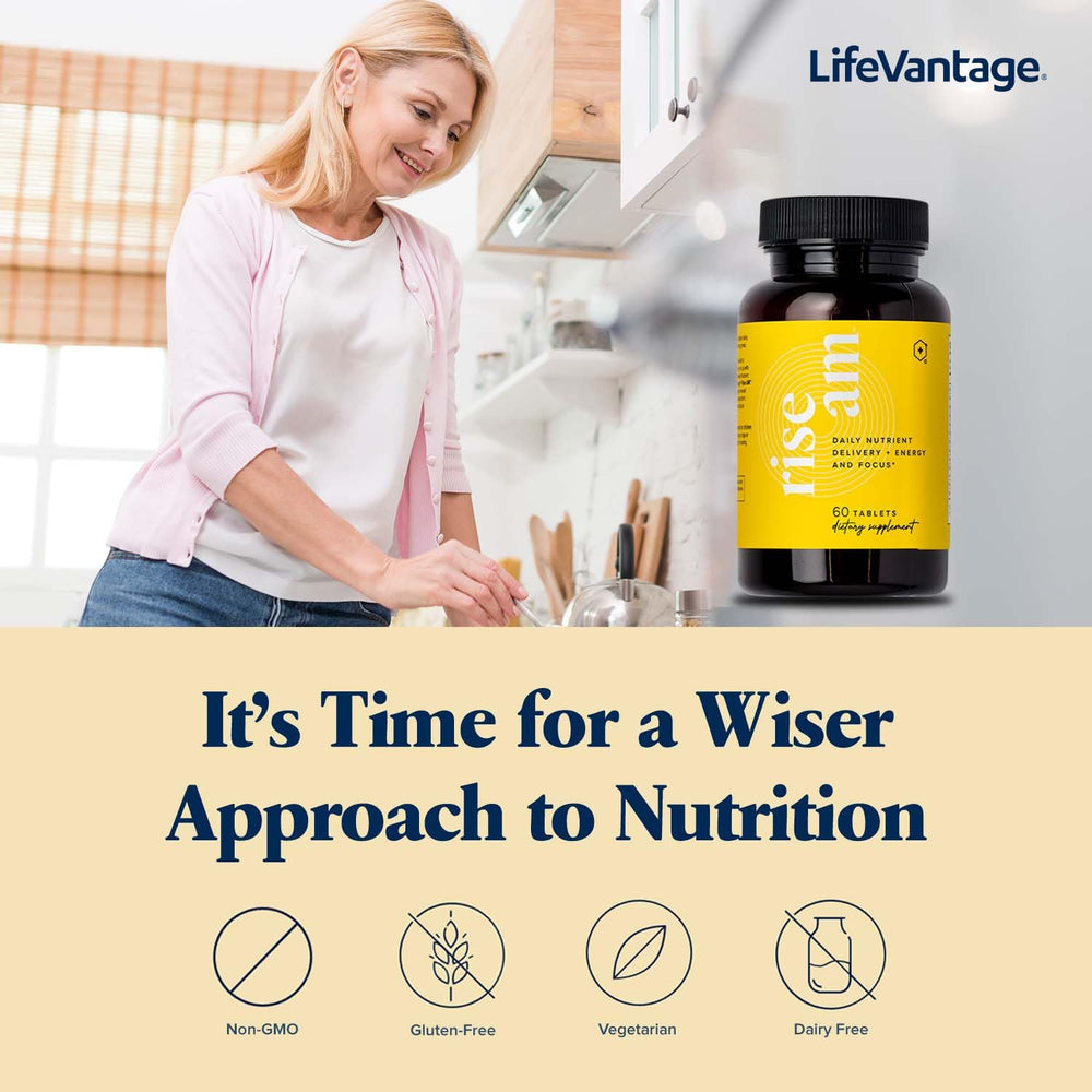LifeVantage Rise AM cognitive-boost tablet shown for focus.
