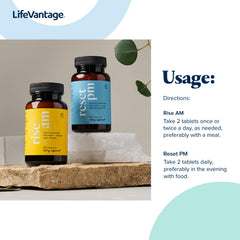 LifeVantage Rise AM and Reset PM packaging close-up for everyday supplementation