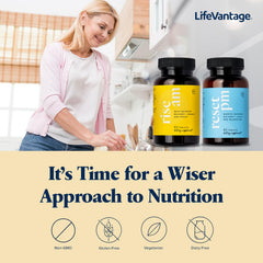 LifeVantage Rise and Reset system shown with fresh produce for balanced daily wellness