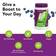 Lift Glucose blueberry chews six-pack, quick energy for workouts.