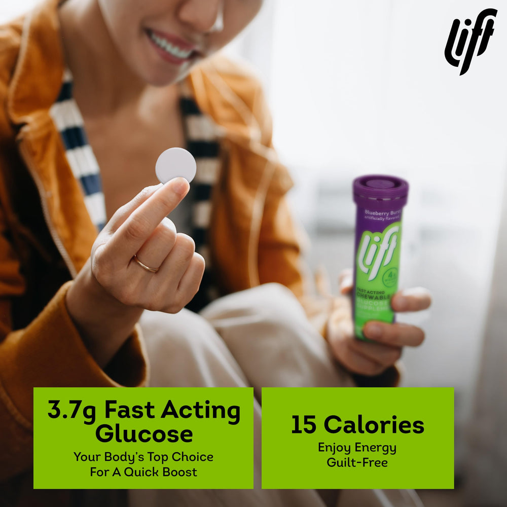 Close-up of Lift Glucose blueberry tablet with smooth chew.