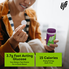 Lift Glucose blueberry tablets closeup reveals chewy texture and blueberry flavor.