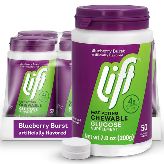 Lift Glucose blueberry tablets front view ready for fast energy on the go.