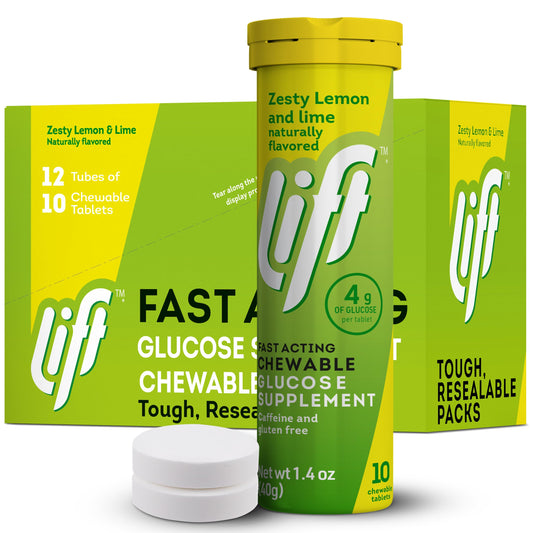 Lift Glucose bottle front with lemon-lime flavor for quick energy on the go