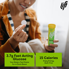 Close-up of Lift Glucose lemon-lime chewable tablet with 15 calories