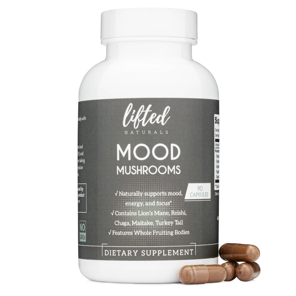 Lifted Naturals Mood Mushrooms bottle, supports daily mood and energy.