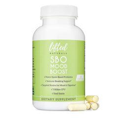 Lifted Naturals spore probiotic bottle—shelf-stable daily digestion support.