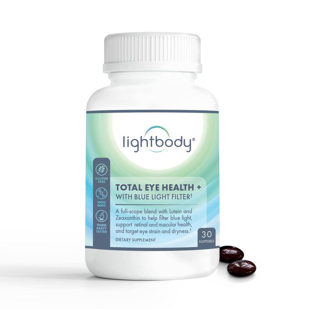 Lightbody Total Eye Health+ bottle front showcasing packaging and easy-to-swallow softgels.
