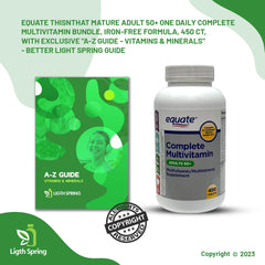 LightSpring Equate tablets close-up showing comprehensive nutrients for adults 50+.