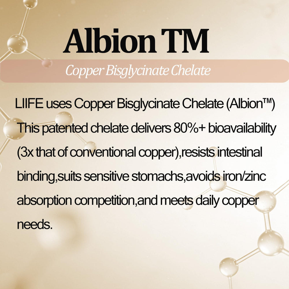 LIIFE Albion chelated copper label closeup highlights GMP quality and third‑party testing.