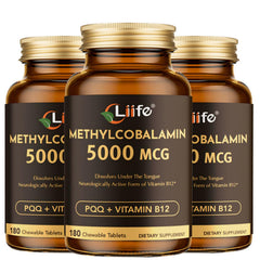 LIIFE B12 methylcobalamin with PQQ chewables bottle front for daily energy support.