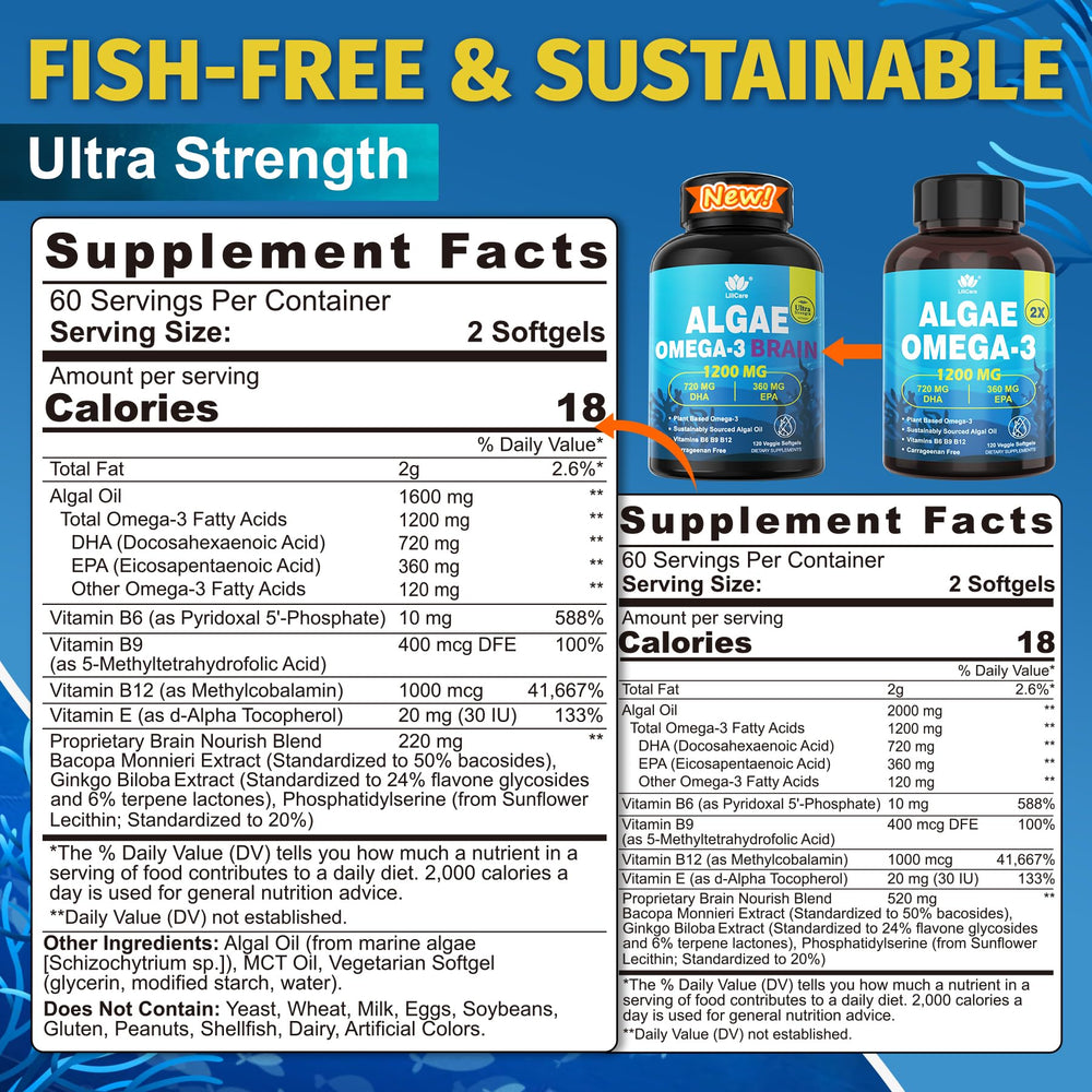 LILICARE algae-oil softgels closeup showing 2:1 DHA to EPA ratio.