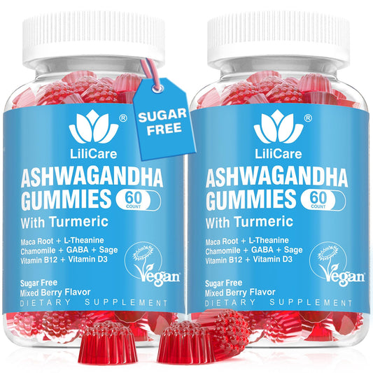 LILICARE Ashwagandha Gummies berry bottle shows vegan, sugar-free formula for daily calm