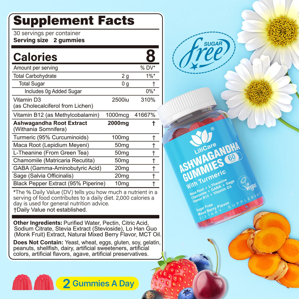 LILICARE Ashwagandha Gummies berry closeup highlights 2000mg potency and berry flavor