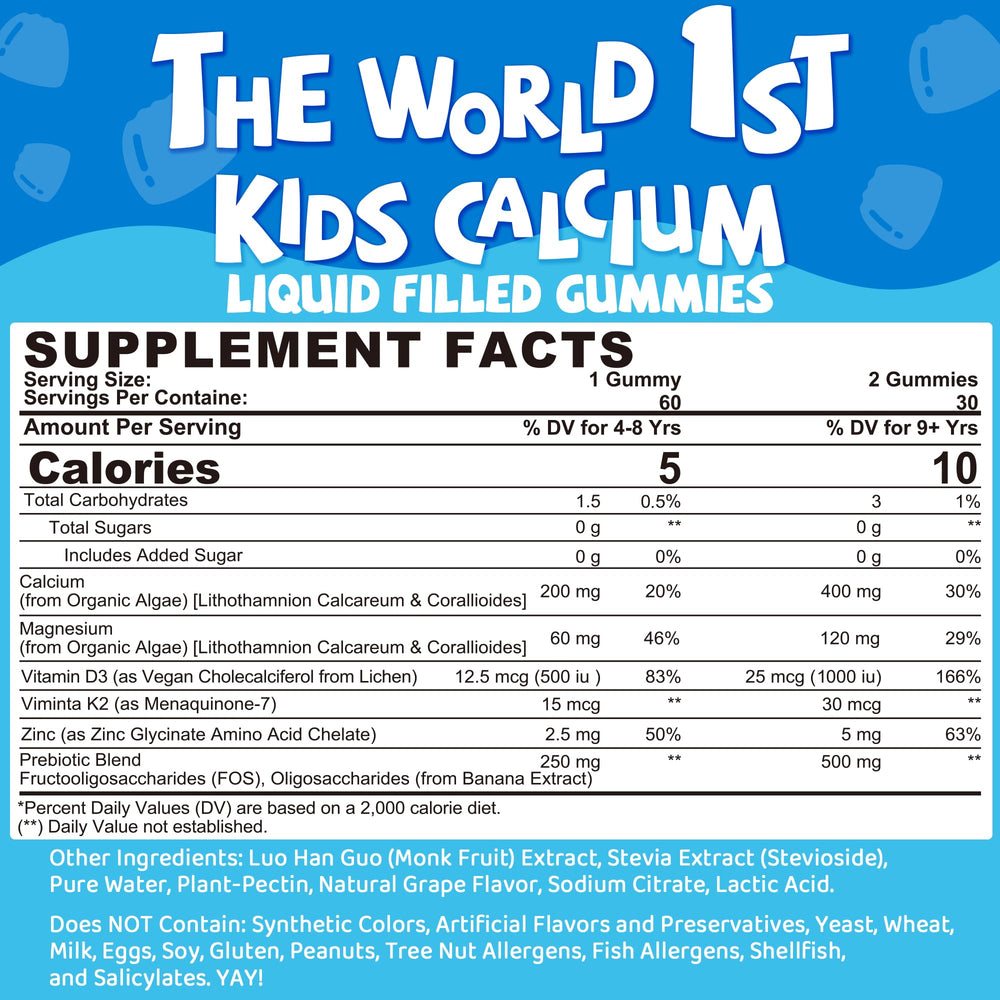 LILICARE calcium kids bottle-side view for kid-friendly daily supplement.