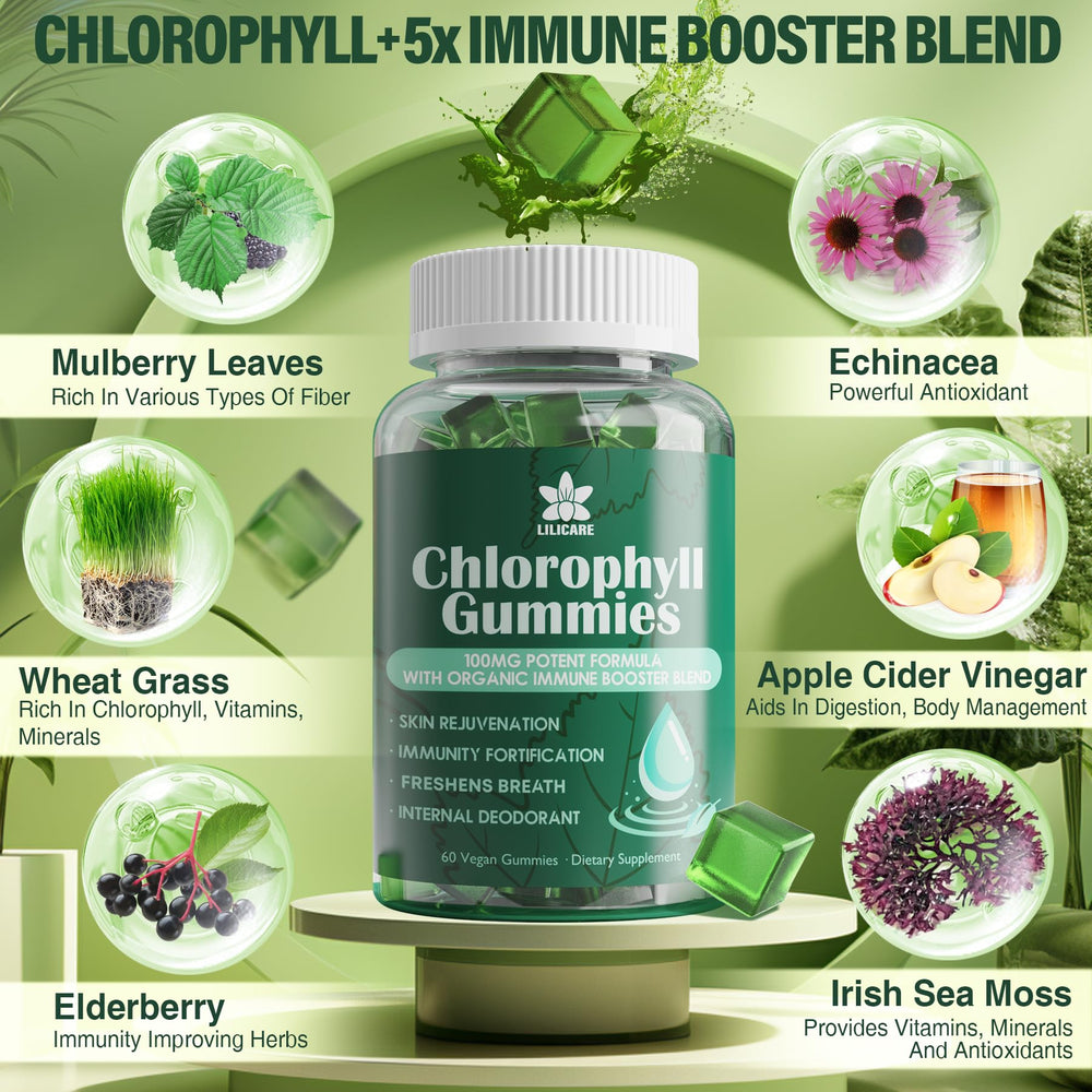 LILICARE Chlorophyll Gummies vitamin blend with D3, C, E, and B12 for overall vitality.