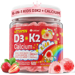LILICARE D3K2 gummies bottle highlighting bone support for kids and teens.