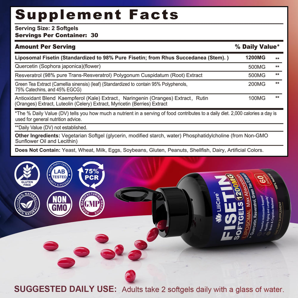 LILICARE Fisetin softgels bottle scene for convenient daily aging support