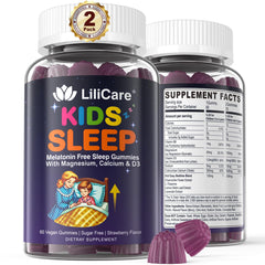 LILICARE Kids Sleep Gummies bottle and label show melatonin-free formula for restful nights.