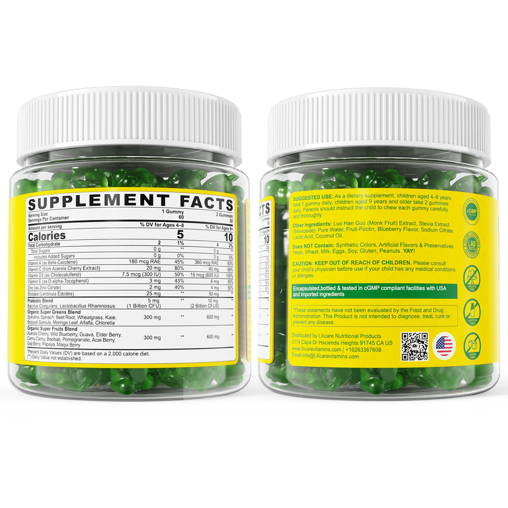 LILICARE gummies with fruit-and-vegetable blend emphasizes whole-food nutrition for growth and development.