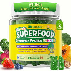 LILICARE Kids Super Greens Gummies pack front highlights a tasty way to fill nutrition gaps.