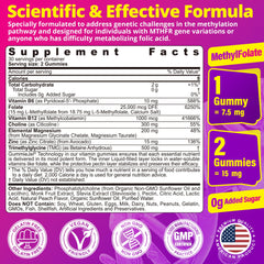 LILICARE gummies label closeup highlights 5-MTHF and B vitamins for energy support.