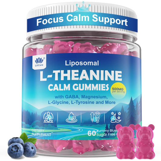 LILICARE L Theanine Calm Gummies bottle on a desk, promoting daily calm and focus.