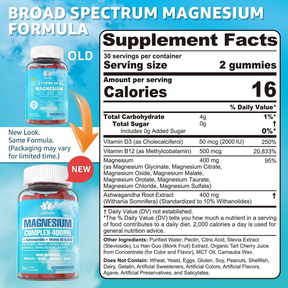 LILICARE Magnesium Complex Gummies close-up, showing fruit-flavored bites for relaxation and sleep support.