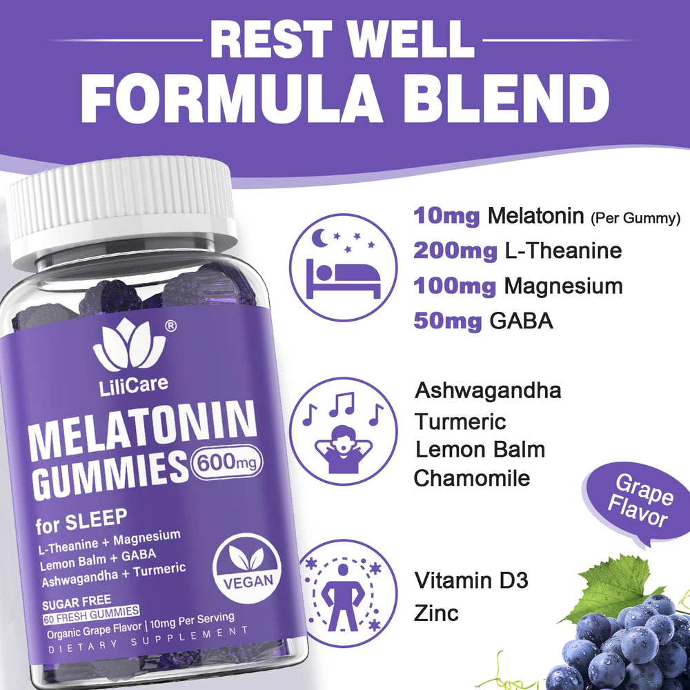 LILICARE Melatonin gummies ingredients panel features plant-based formula.