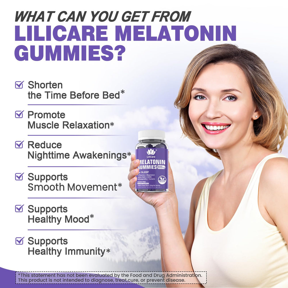 LILICARE melatonin gummies beside a nightstand and dim light.