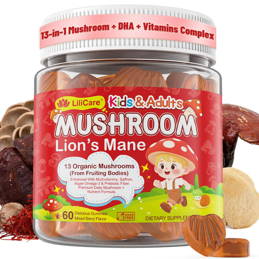 LILICARE Lions Mane Saffron Omega-3 Gummies bottle highlights brain-boosting nutrition for kids and adults