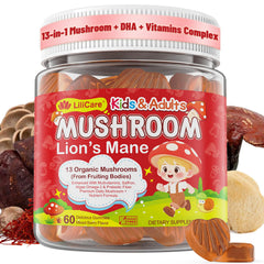 LILICARE Lions Mane Saffron Omega-3 Gummies bottle highlights brain-boosting nutrition for kids and adults