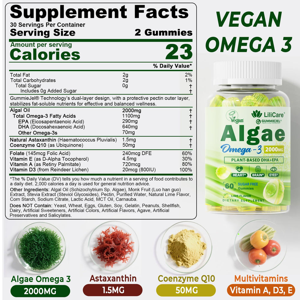 LILICARE Omega-3 gummies with COQ10 and astaxanthin highlight antioxidant support.