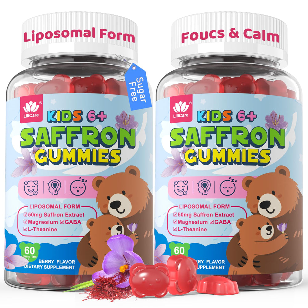 LILICARE Saffron Kids Gummies packaging front shows berry flavor for daily mood support