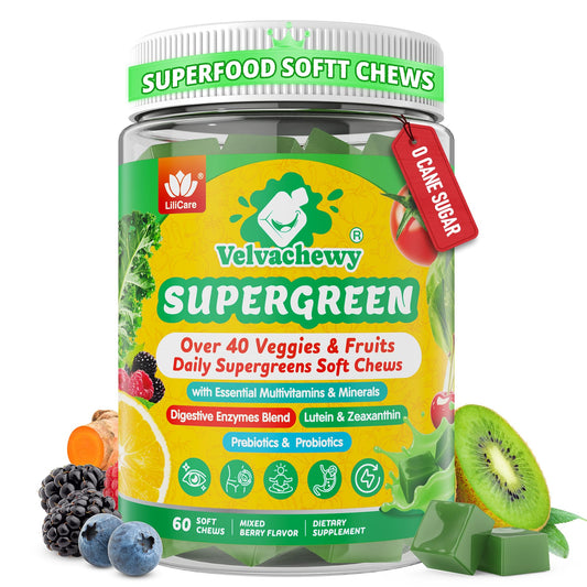 LILICARE Super Greens Soft Chews bottle close-up showing vibrant texture for daily energy.