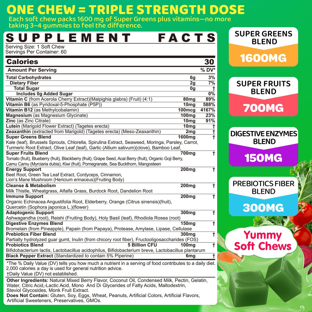 LILICARE Super Greens Soft Chews pack front highlighting convenient greens support.
