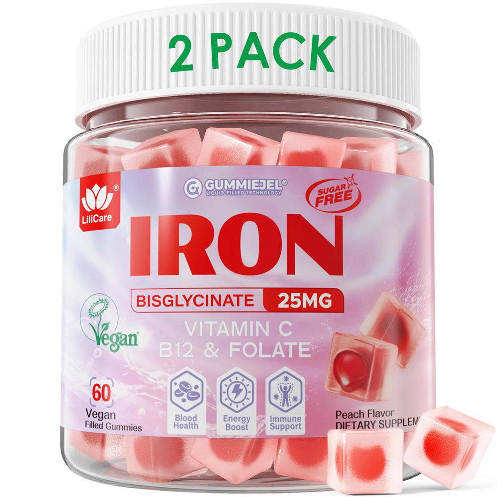 LILICARE vegan iron gummies bottle front showing peach flavor and sugar free formula