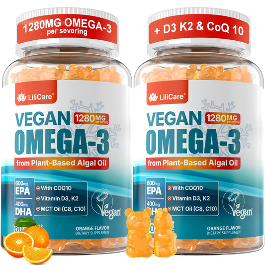 LILICARE vegan omega-3 gummies bottle label highlights marine algae source for clean, fish-free nutrition.