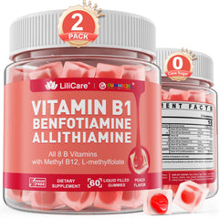 LILICARE Vitamin B1 methylated gummies bottle shows triple-action B complex for energy support.