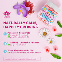 LILICARE Kids Calm ingredients panel shows magnesium bisglycinate and algae omega-3