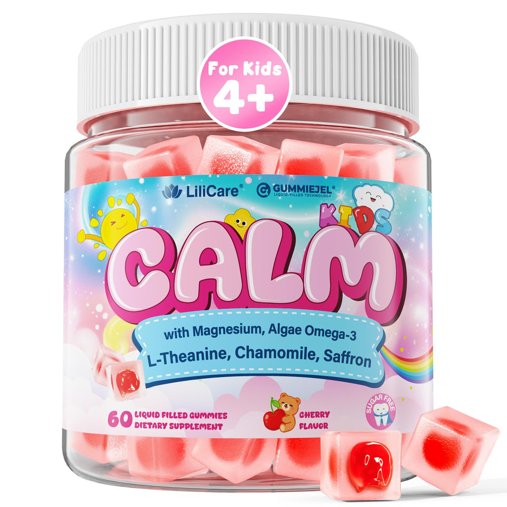LILICARE Kids Calm gummies bottle front highlighting calming magnesium and omega-3